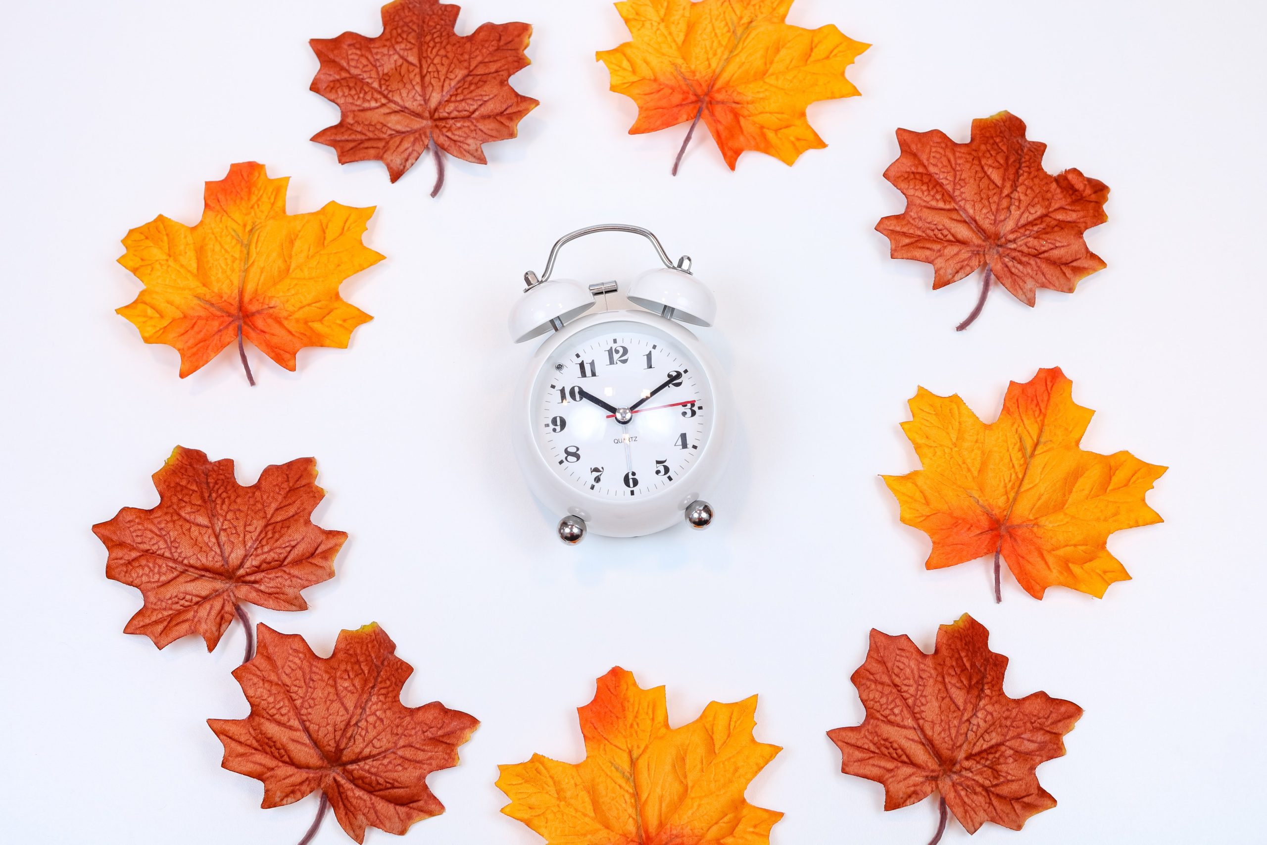 clock with fall leafs around it